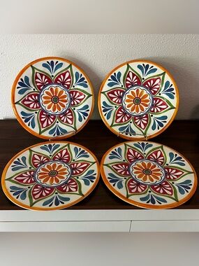 Bed Bath & Beyond Melamine 10.5” Dinner Plates Boho Tuscany Orange Set Of 4